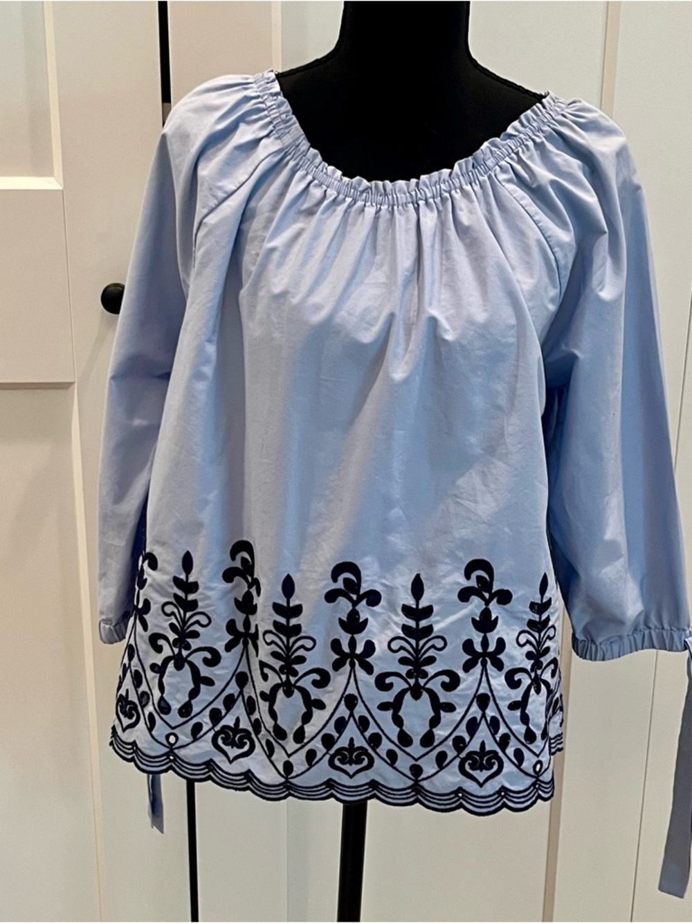 Time and Tru Light Blue Off-Shoulder Blouse with Navy Embroidery Cotton Blend - Picture 2 of 9